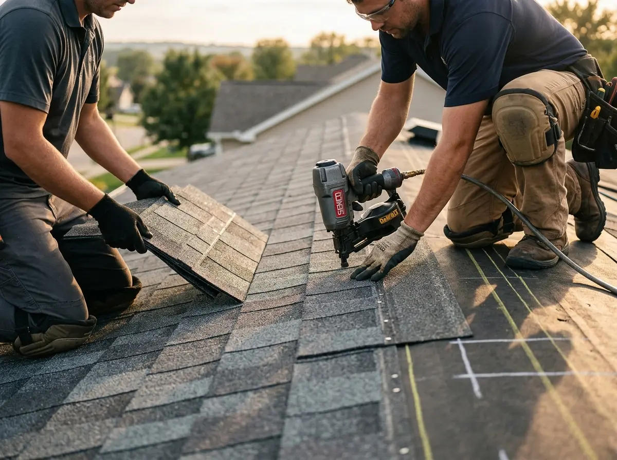 Professional roofer working on a residential roof in Maywood